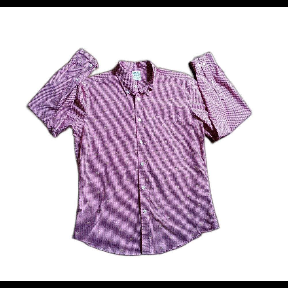 Brooks Brothers Gingham Dog Embroidered Short Sleeve Shirt M